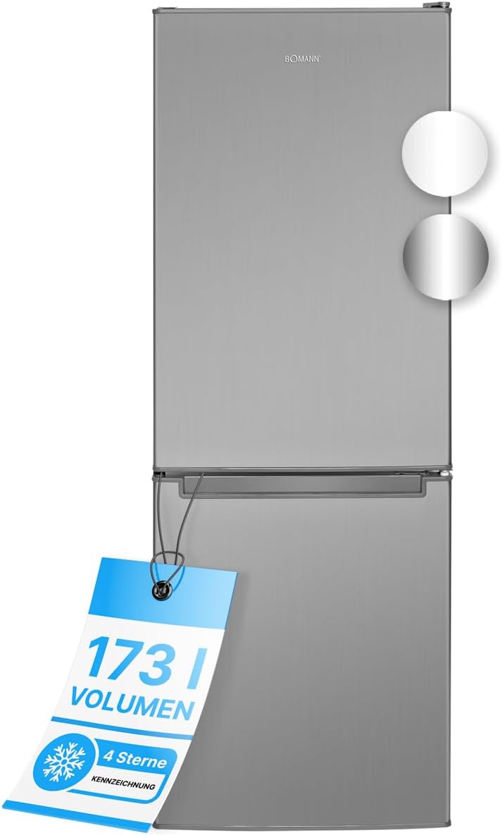 Bomann® Koelkast met vriesvak 143 cm hoog | Koelvriescombinatie 173L met 3 plateaus & 3 laden | Deurrichting omkeerbaar | stille koelvriescombinatie 40dB | Koelkast | KG 7331 inox