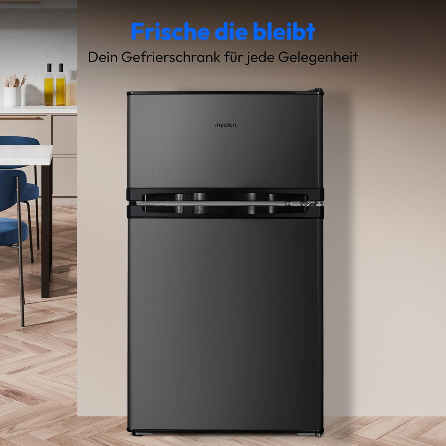 MEDION Mini koel-vriescombinatie (85 liter, 61L koelgedeelte, 24L vriesgedeelte, vrijstaand, 40 dB, transparante groentelade, deurscharnier omkeerbaar, MD 37689) grijs