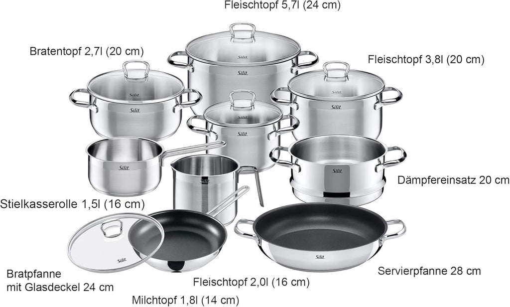 Silit Toskana pannenset inductiegeschikt 10-delig, kookpannenset met glazen deksel, inductiekookpannen, melkpan, stoompan, koekenpan, roestvrij staal deels mat, inductie pannen set ongecoat
