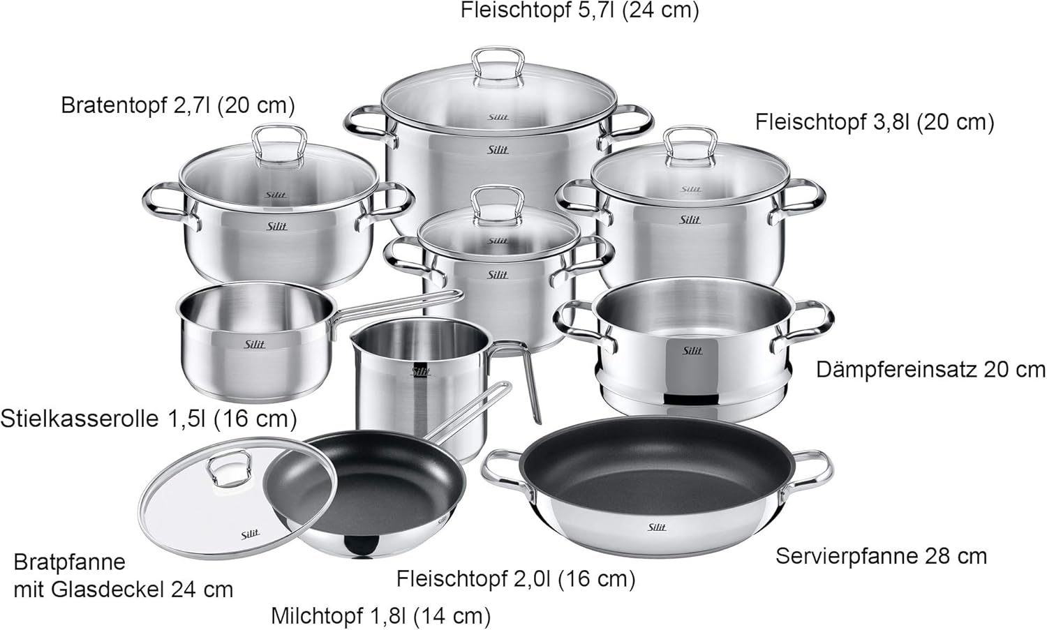 Silit Toskana pannenset inductiegeschikt 10-delig, kookpannenset met glazen deksel, inductiekookpannen, melkpan, stoompan, koekenpan, roestvrij staal deels mat, inductie pannen set ongecoat