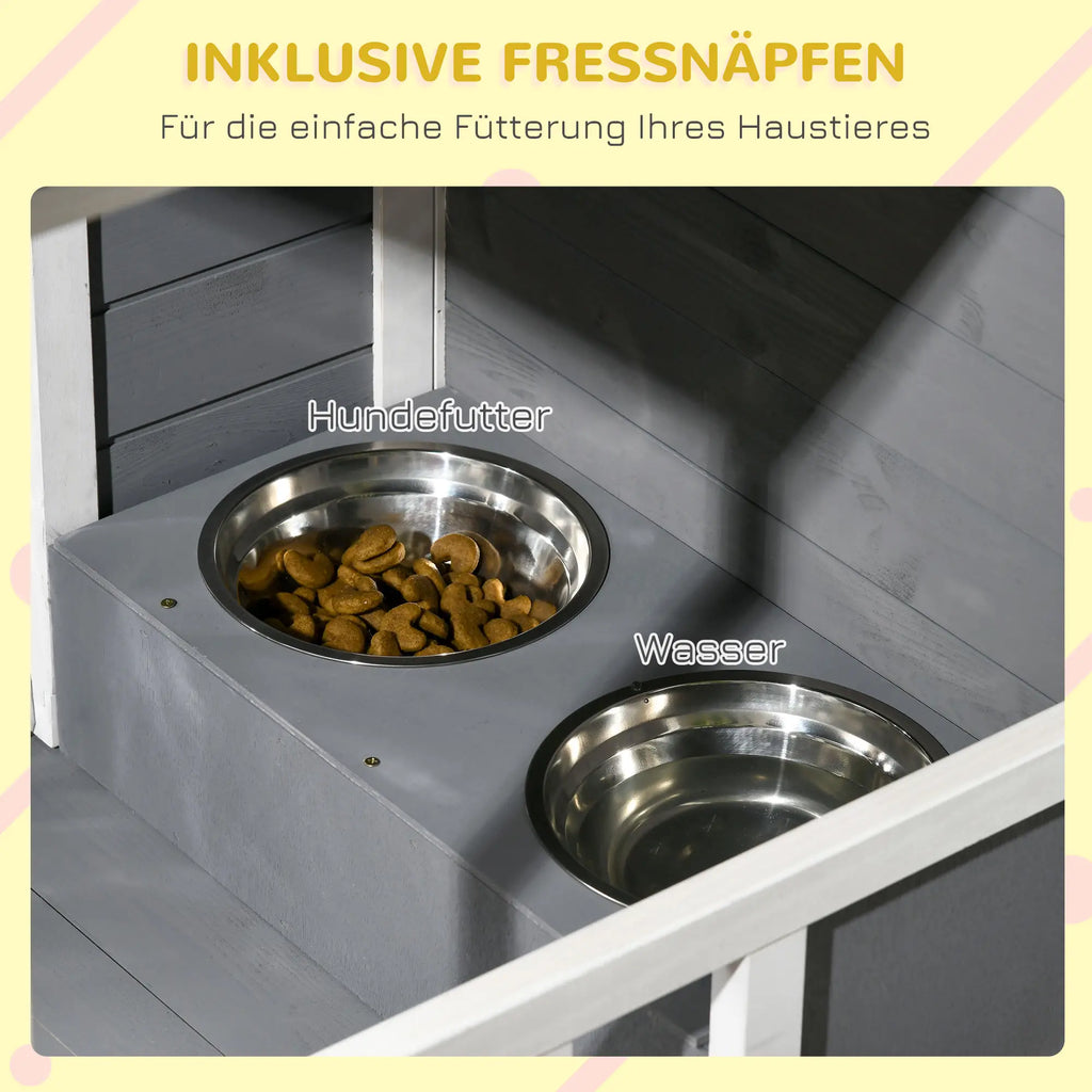 PawHut Hondenhok met overdekte veranda en voerbakken Outdoor