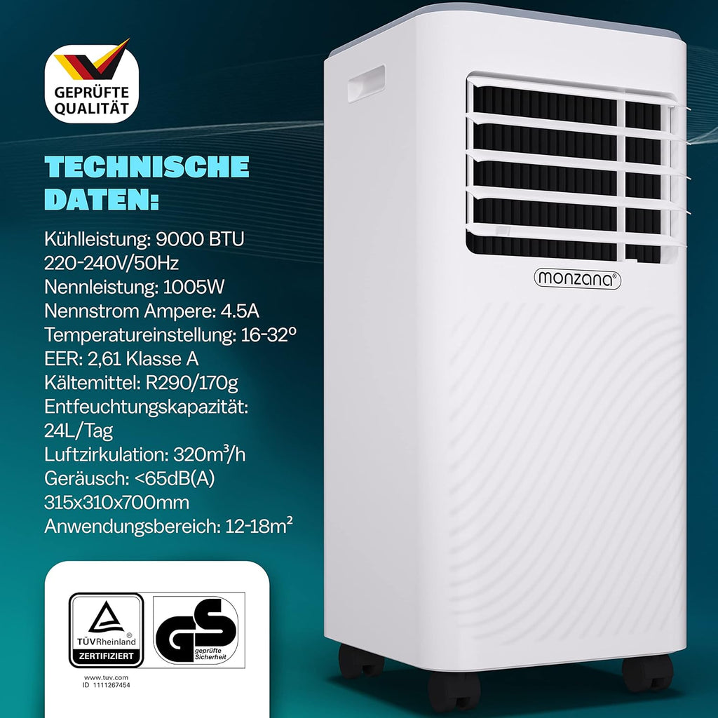 Monzana mobiele airconditioner MZKA2000 afvoerslang 7000BTU 3-in-1 750W 24h timer 25m² afstandsbediening ontvochtiger rolluikkit airco