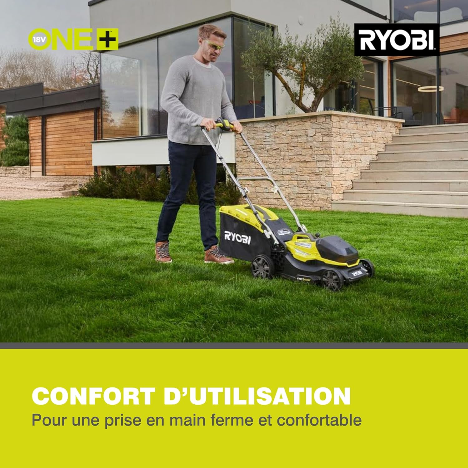 RYOBI 18 V ONE+ Accu-grasmaaier RLM18X33B40 (snijbreedte 33 cm, 5-voudige hoogteverstelling 25-65 mm, inklapbare duwbeugel, incl. mulchplug, 35l grasvangzak, 4,0Ah accu & lader)