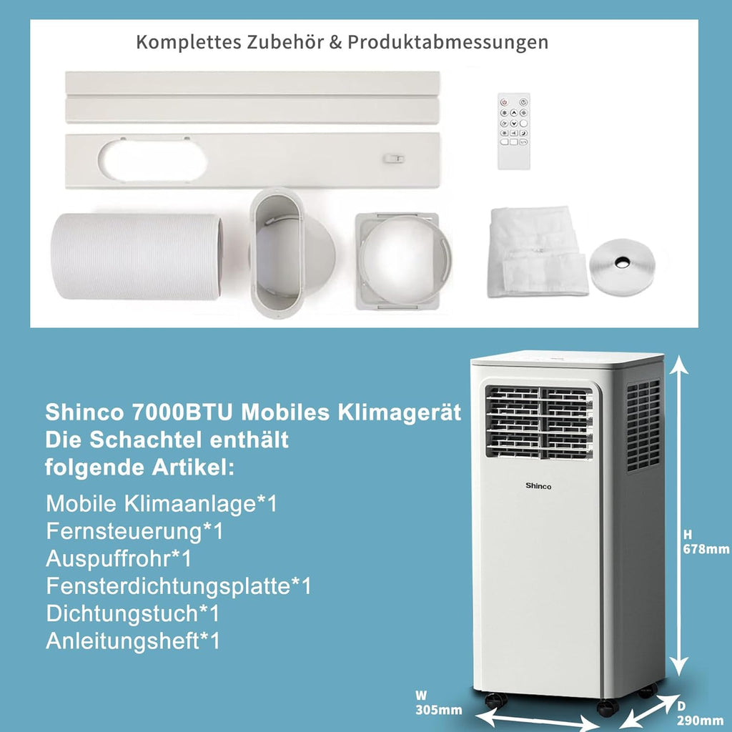 SHINCO Mobiele airconditioning met luchtafvoerslang, 9000 BTU, 2,6 kW, Koelen&Ventileren&Ontvochtigen, Mobiel airco-apparaat met slaapstand, Ruimte tot 22㎡, 24-uurs timer