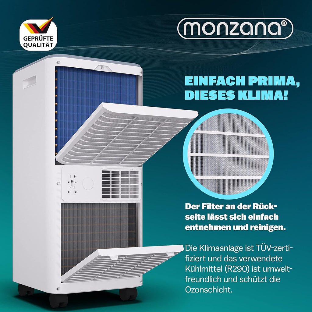 Monzana mobiele airconditioner MZKA2000 afvoerslang 7000BTU 3-in-1 750W 24h timer 25m² afstandsbediening ontvochtiger rolluikkit airco