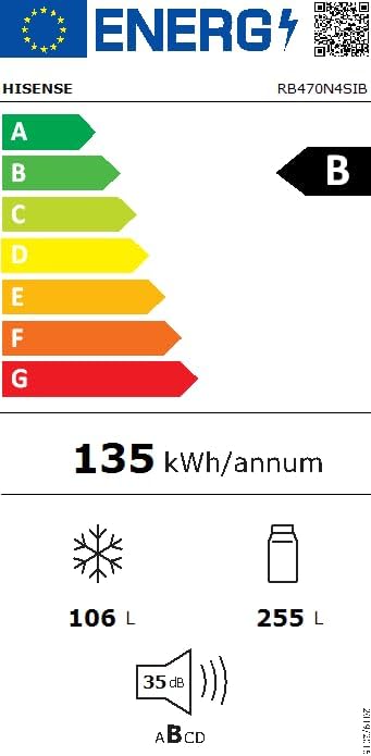 Hisense RB327N4AD2 koel-vriescombinatie/ NoFrostPlus/ Multiflow 360°/ HolidayMode/ FreshZone/ 182,4 cm/ koelgedeelte 171 l/ vriesgedeelte 85 l/ 41 dB/ 287 kWh/ jaar/ roestvrijstalen look