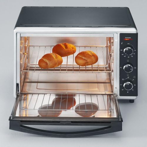 SEVERIN Bak- en Toastoven met heteluchtfunctie, Mini Oven met grillrooster, bakplaat, draaispies en pizzasteen, veelzijdige heteluchtoven met 42 L inhoud, 1.800 W, zwart, TO 2058