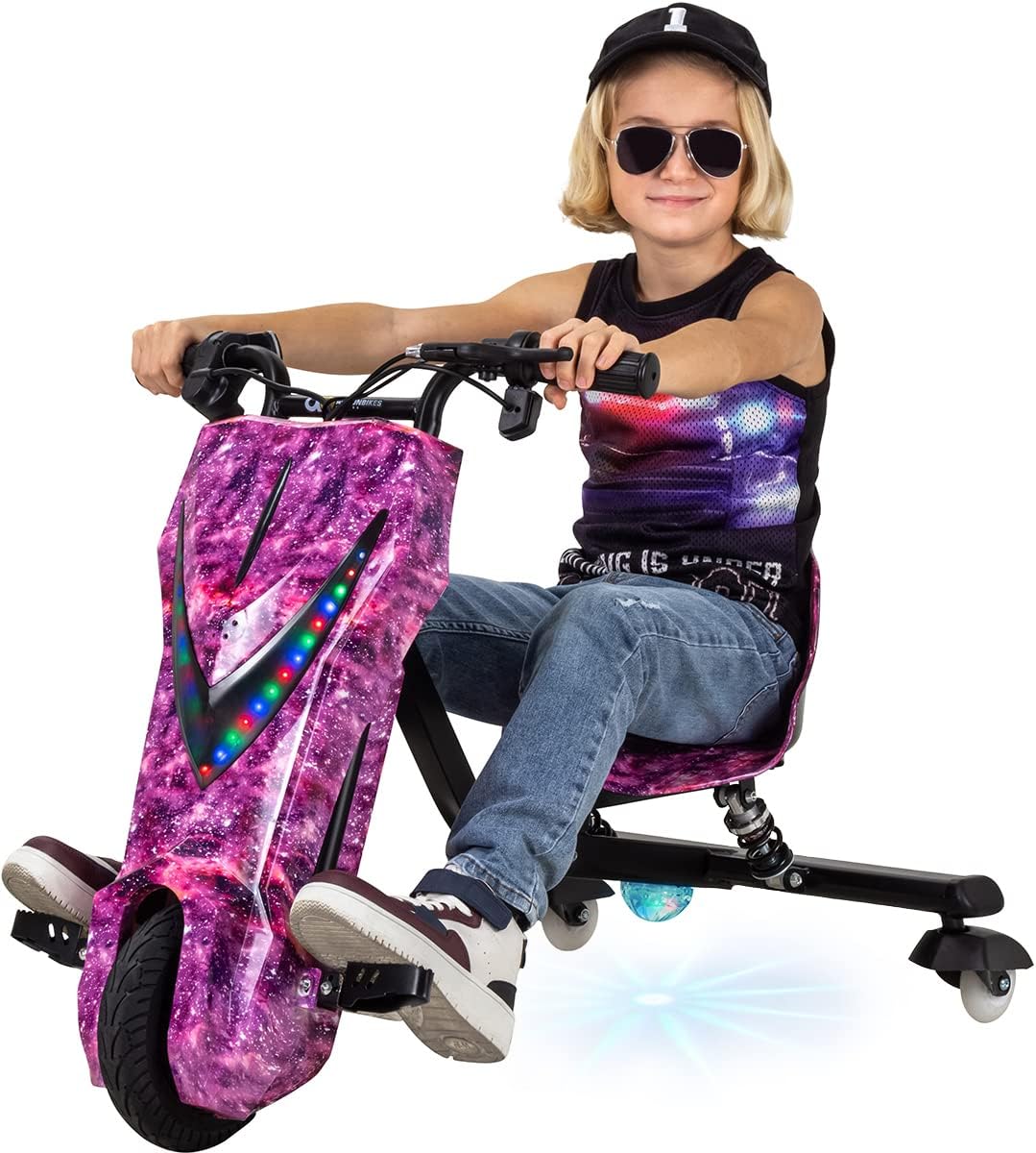 Actionbikes Motors Kinder elektrische driftscooter | 𝟐𝟓𝟎 Watt Motor - Drift Cart 360°- 3 snelheidsniveaus - LED-verlichting - Verstelbare stoel - Bluetooth - Drift Kart - Drift Auto (Space Purple)