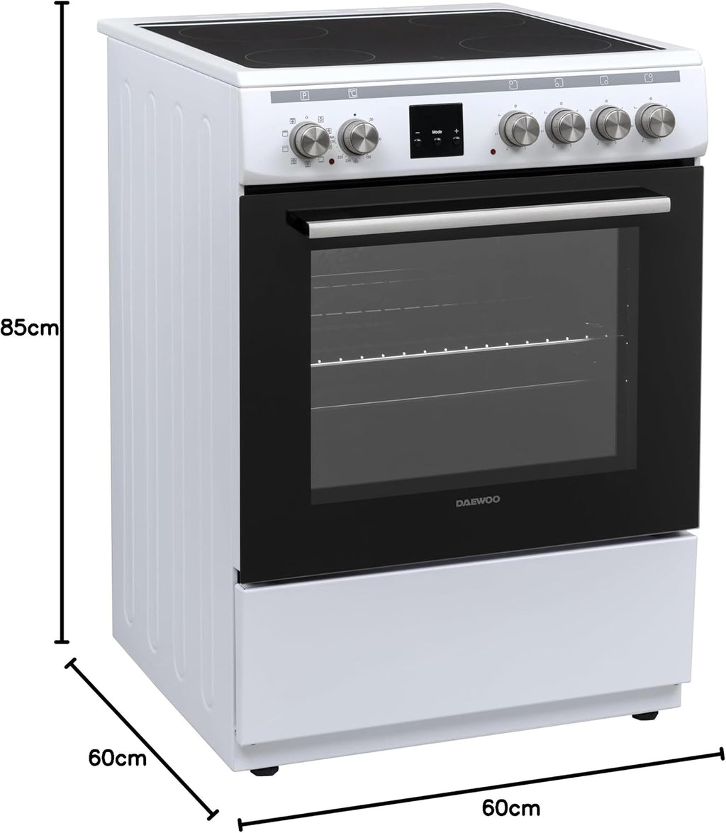 Daewoo F6EV22WL3DE Vrijstaand fornuis met glaskeramische kookplaat, A, Ovenvolume: 65 L, 8 verwarmingsfuncties met boven-/onderwarmte, Gemakkelijk te reinigen emaille, 4 kookzones, Wit