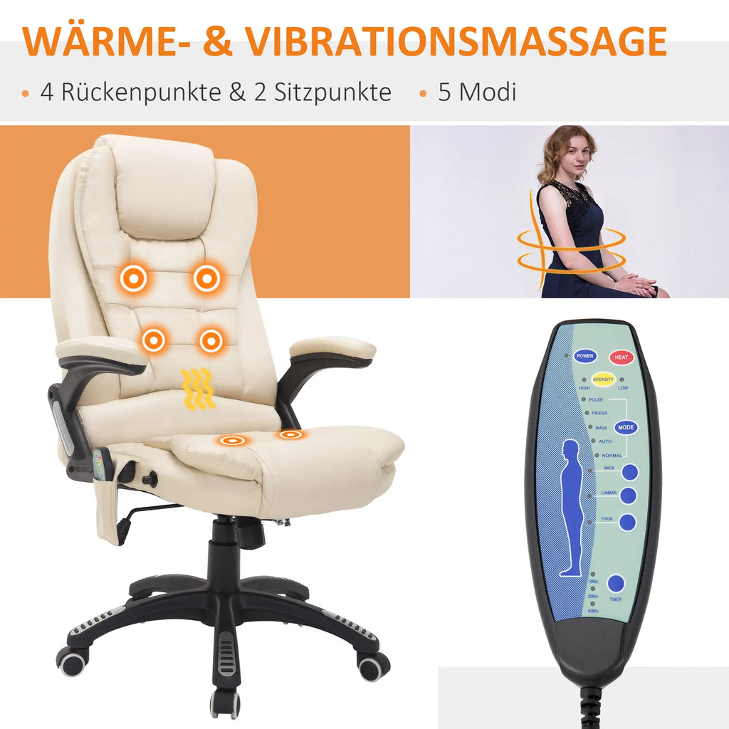HOMCOM Bureaustoel Directiestoel Massagefunctie in hoogte verstelbaar crèmewit