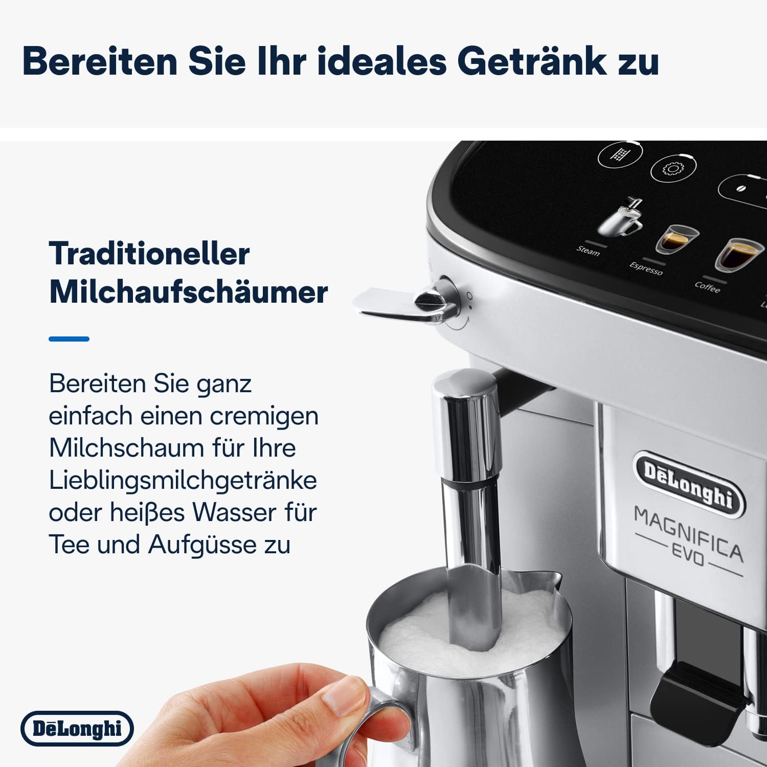 De'Longhi Magnifica Evo ECAM 292.33.SB volautomatische espressomachine met melkopschuimmondstuk, 5 directe keuzeknoppen voor espresso, koffie en koffiespecialiteiten, intuïtief bedieningspaneel, 2-kopsfunctie, zilver/zwart