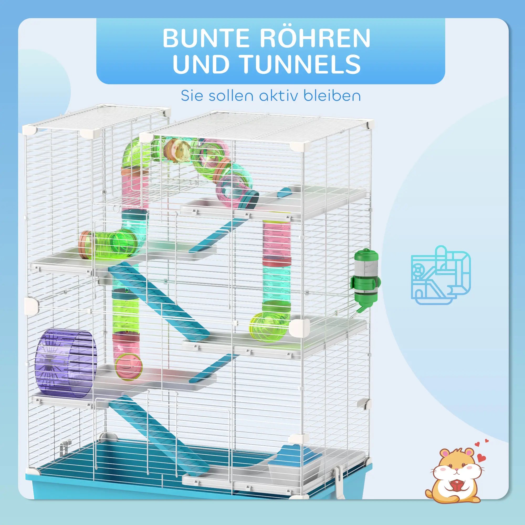 PawHut Hamsterkooi Knaagdierkooi 6 Verdiepingen Buissysteem Dubbele Toren