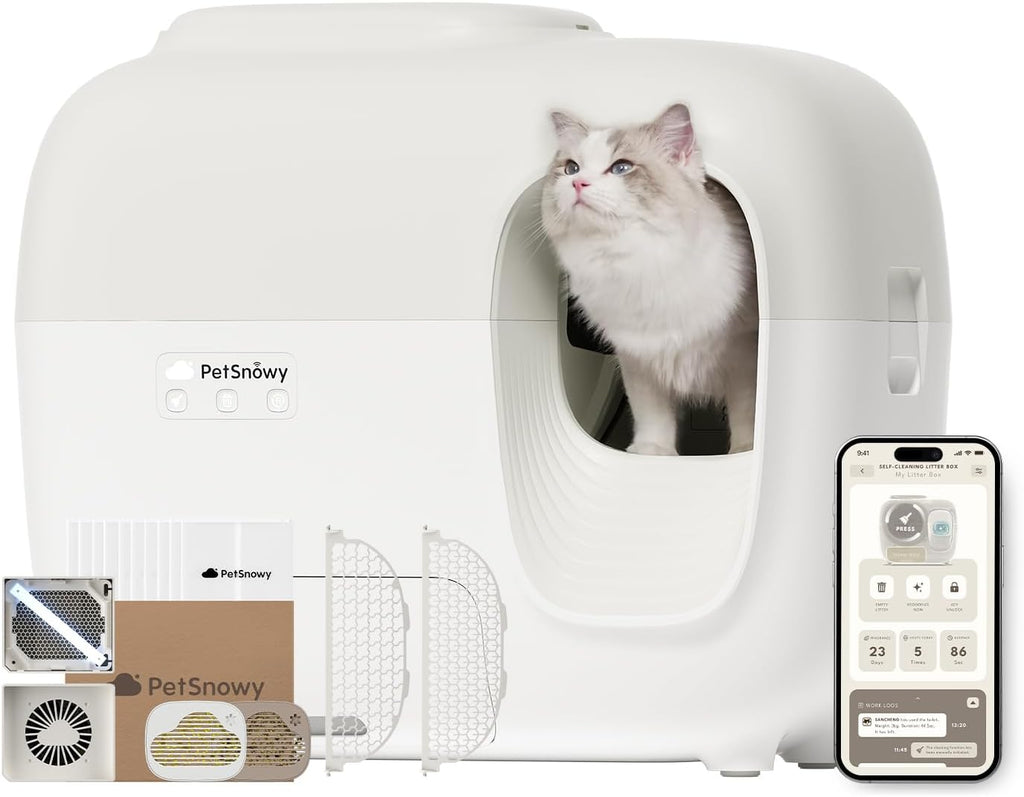 PetSnowy Zelfreinigende Kattenbak met TiO2-geurbestrijdingssysteem, App-bediening, Automatische verpakking voor Grote Katten & Meerdere katten 1,5-9 kg, Max Capaciteit van 83L (2025 Premium)