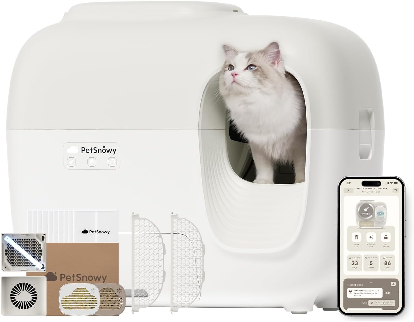 PetSnowy Zelfreinigende Kattenbak met TiO2-geurbestrijdingssysteem, App-bediening, Automatische verpakking voor Grote Katten & Meerdere katten 1,5-9 kg, Max Capaciteit van 83L (2025 Premium)
