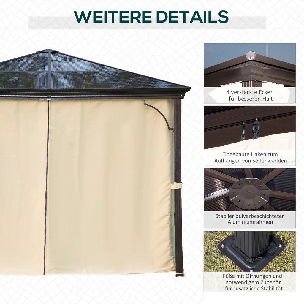Outsunny Tuinpaviljoen Hardtop met Polycarbonaat Dak Muskietennet Aluminium
