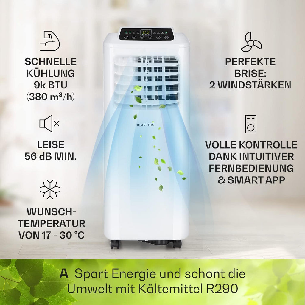 Klarstein Airconditioner, 4-in-1 Airconditioningsysteem, Luchtontvochtiger, Ventilator & Nachtmodus, Mobiele airconditioner met afvoerslang, App-bediening, Airconditioner voor ruimtes tot 44 m², 9000 BTU, Wit