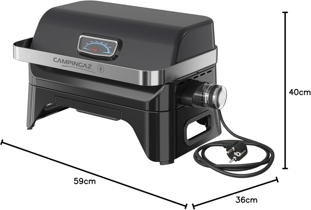 Campingaz Grill Attitude2go, gasbarbecue & elektrische barbecue, tafelbarbecue, draagbare balkon-, campingbarbecue, met deksel, thermometer en gietijzeren grillrooster, werkt op gas of elektriciteit