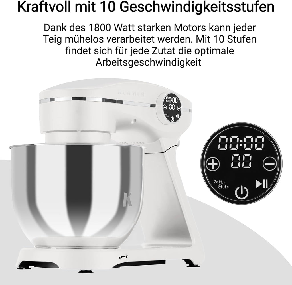 KLAMER Keukenmachine 1800W, Kneedmachine met 6 Liter RVS Kom, 10 Snelheidsstanden met Timer, Klopper, Deeghaak, Garde en Spatdeksel