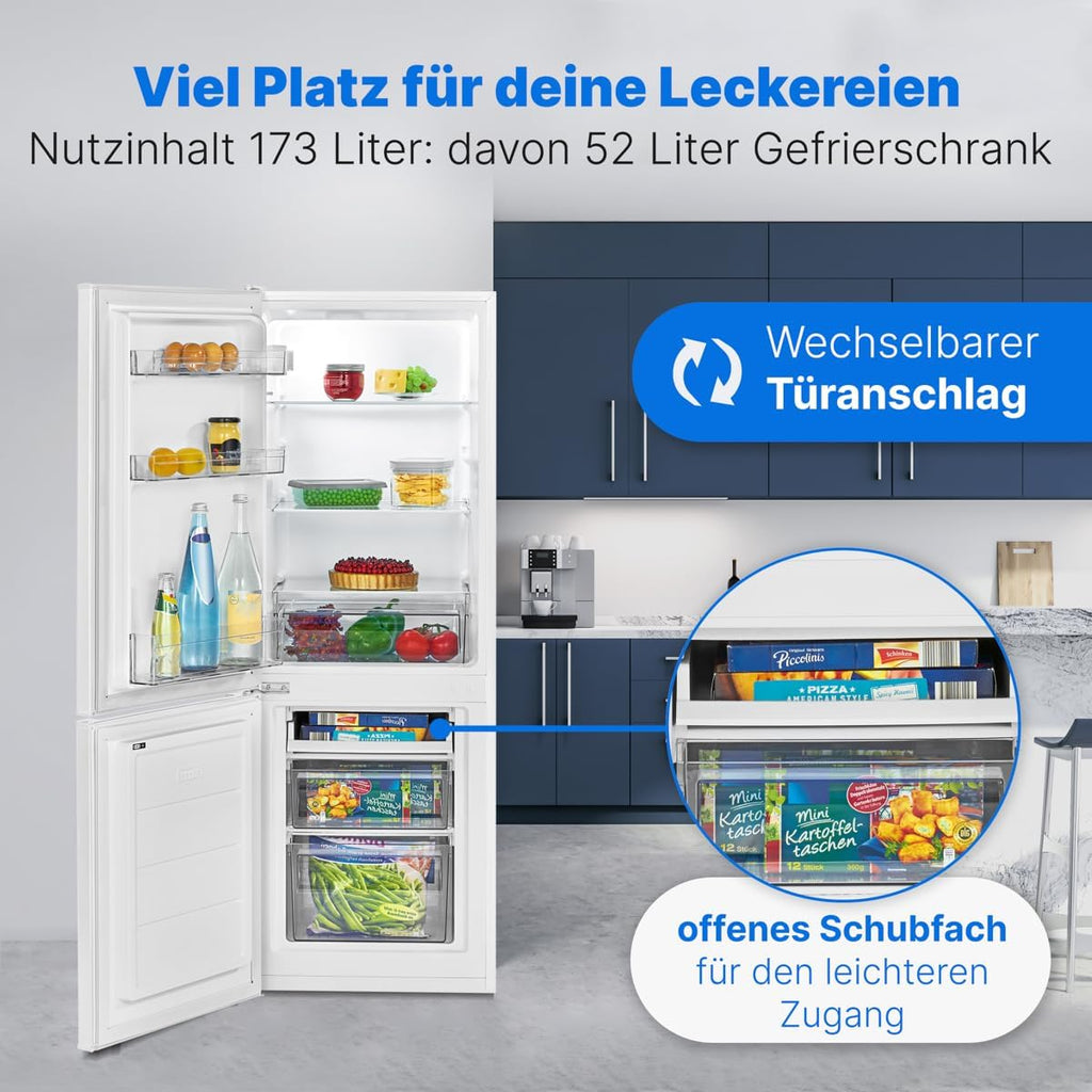 Bomann® Koelkast met vriesvak 143 cm hoog | Koelvriescombinatie 173L met 3 plateaus & 3 laden | Deurrichting omkeerbaar | stille koelvriescombinatie 40dB | Koelkast | KG 7331 inox