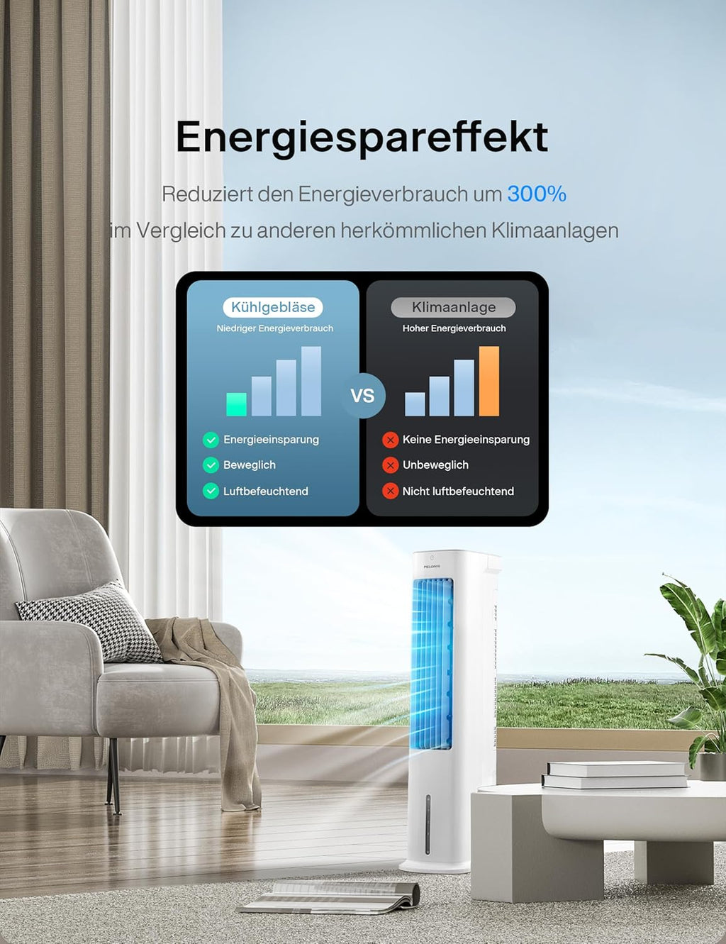 PELONIS Luchtkoeler met waterkoeling, Mobiele airconditioning, 5L Ventilator met waterkoeling, Luchtbevochtiger met afstandsbediening, 355m³/u Airconditioner zonder afvoerslang