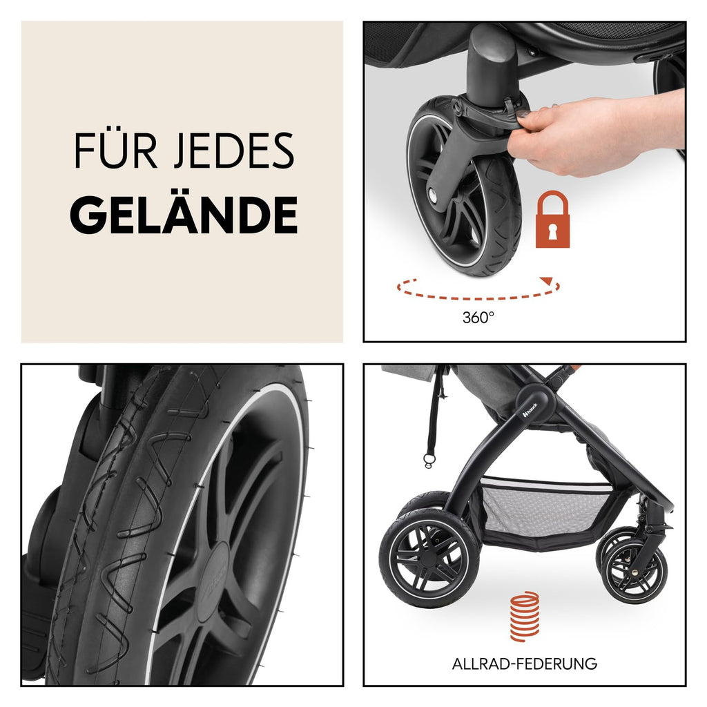 Hauck Uptown Kinderwagen Melange Rose – wandelwagen voor elk terrein, extra grote zitting, vlakke ligstand, rubberen wielen, vering, compact en eenvoudig inklapbaar, met regenhoes