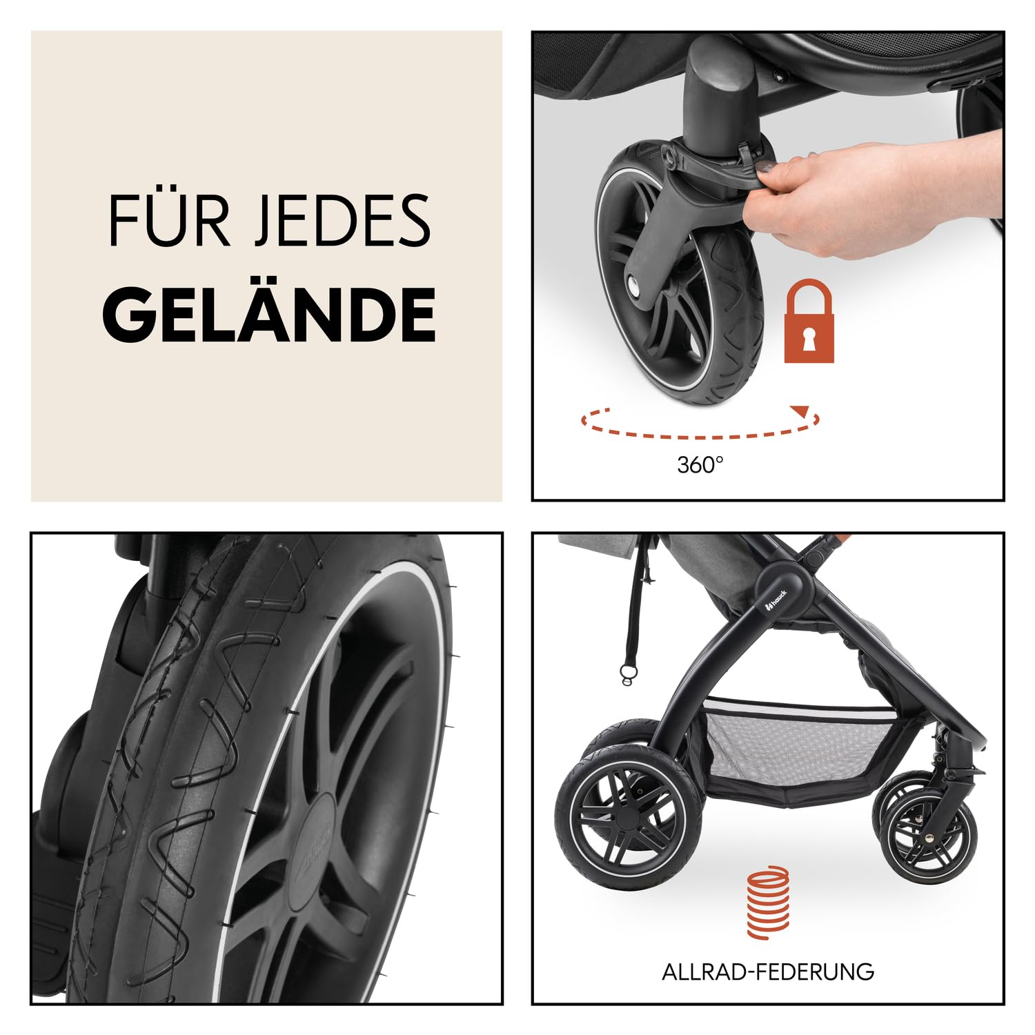 Hauck Uptown Kinderwagen Melange Rose – wandelwagen voor elk terrein, extra grote zitting, vlakke ligstand, rubberen wielen, vering, compact en eenvoudig inklapbaar, met regenhoes
