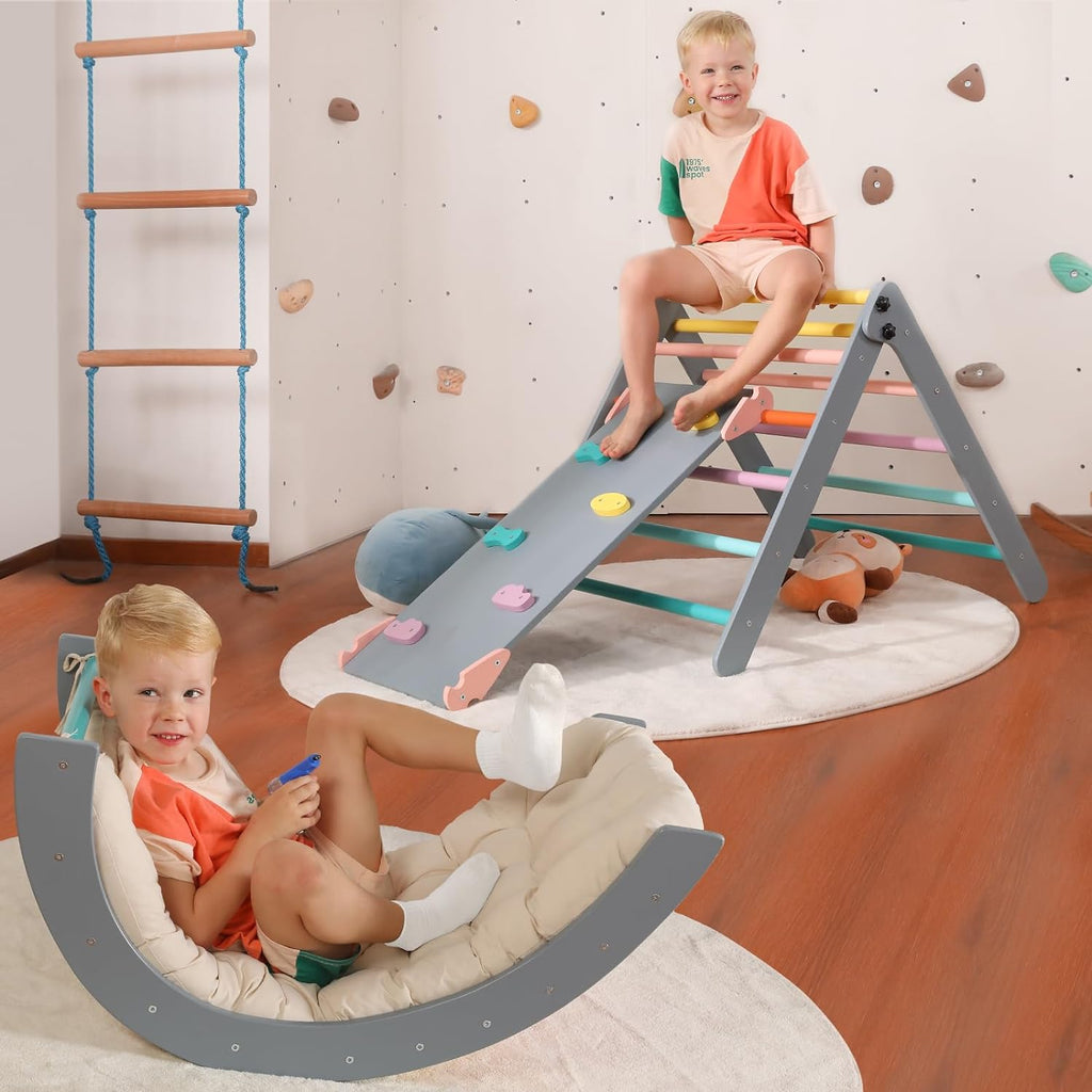 Driehoekset met kussen, 5-in-1 Montessori klimset, opvouwbaar, klim-binnenspeeltuinset voor peuters, houten klimspeelgoed met glijbaan en klimboog voor kinderen (houtkleur)