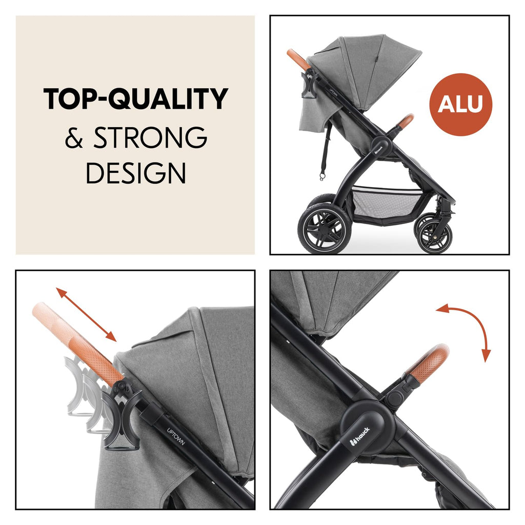 Hauck Uptown Kinderwagen Melange Rose – wandelwagen voor elk terrein, extra grote zitting, vlakke ligstand, rubberen wielen, vering, compact en eenvoudig inklapbaar, met regenhoes