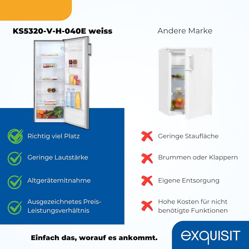 Exquisit Koelkast zonder vriesvak, grote koelkast, 5 legplanken, 242 liter, tafelmodel koelkast 143 cm hoog, KS5320-V-H-040E wit