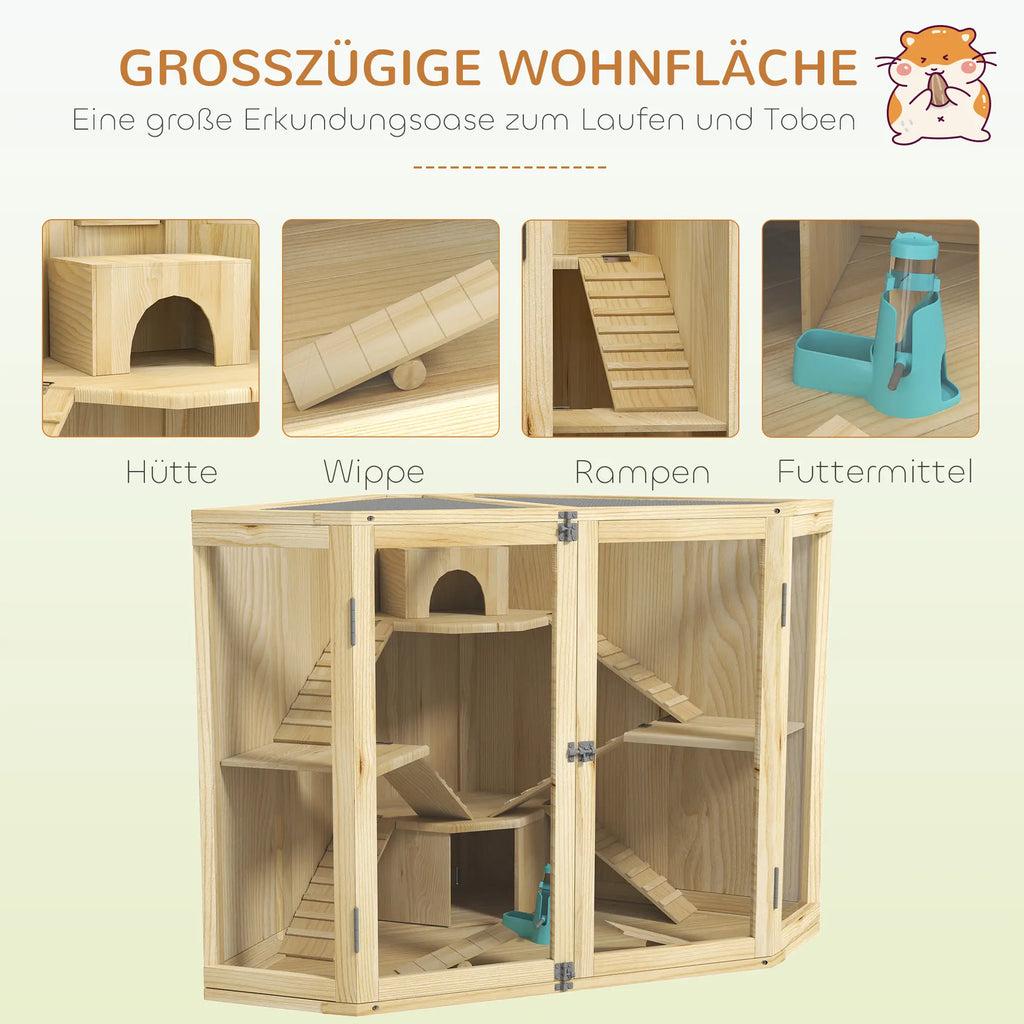 PawHut Hamsterkooi Hout 4 Verdiepingen met Accessoires en Kijkvenster