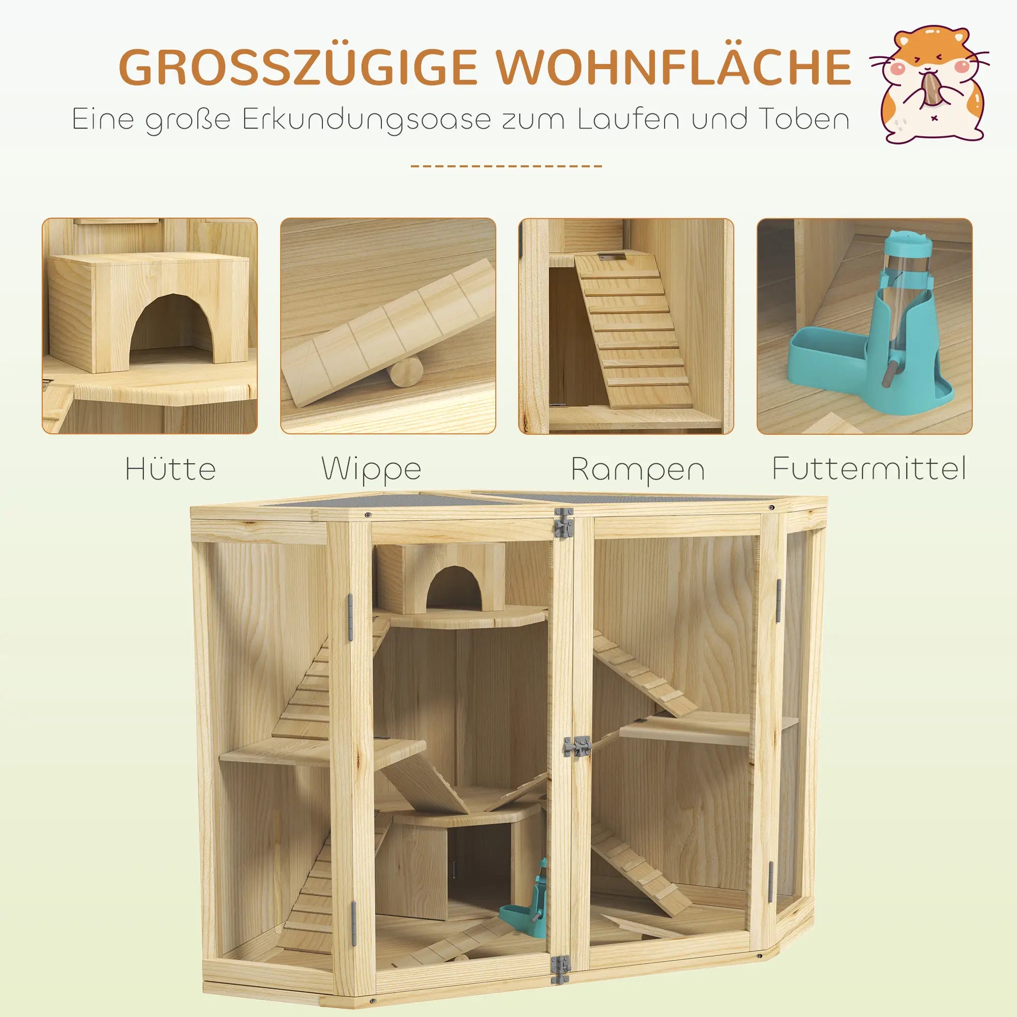 PawHut Hamsterkooi Hout 4 Verdiepingen met Accessoires en Kijkvenster