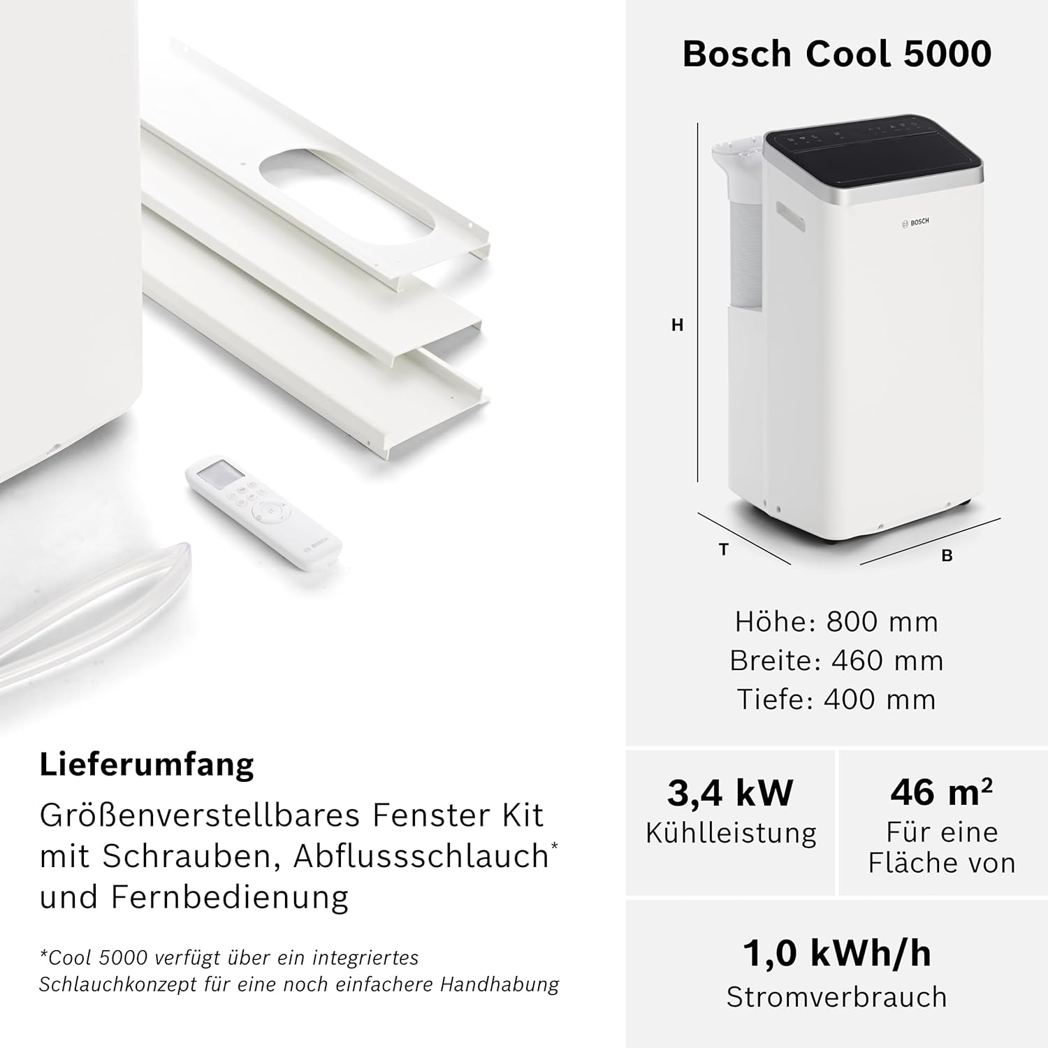 Bosch Cool 4000 Mobiele airconditioner - 3-in-1: Airconditioner, ontvochtiger, ventilator - 2,6 kW voor ruimtes tot 35 m² - Met automatische modus, stille modus & slaapmodus