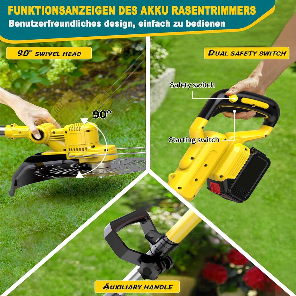 Accu grastrimmer met accu en onkruidborstel, grastrimmer op accu met 5 soorten messen, 21 V borstelloze bosmaaier op accu, met 2 accu's 4.0Ah voor het trimmen in de tuin (Grijs)