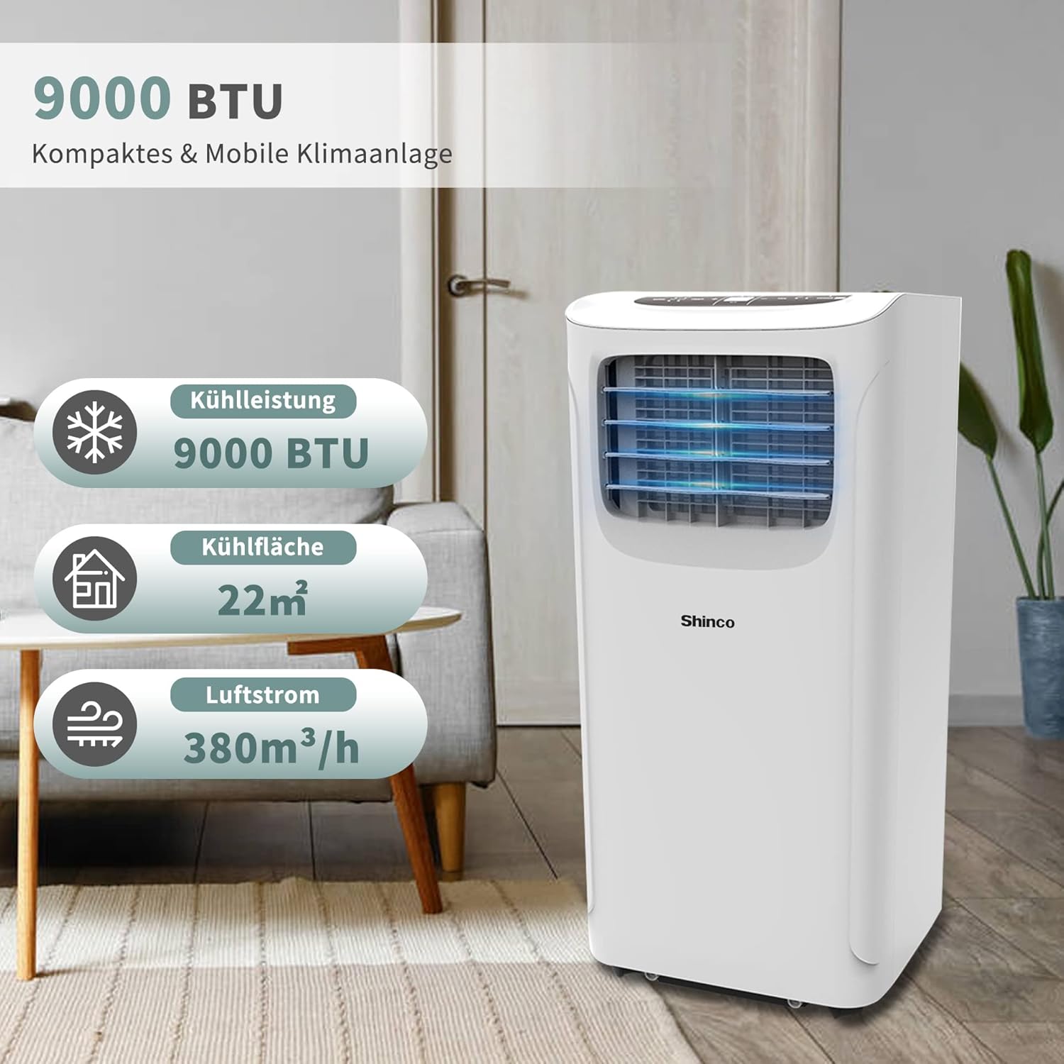 SHINCO Mobiele airconditioning met luchtafvoerslang, 9000 BTU, 2,6 kW, Koelen&Ventileren&Ontvochtigen, Mobiel airco-apparaat met slaapstand, Ruimte tot 22㎡, 24-uurs timer