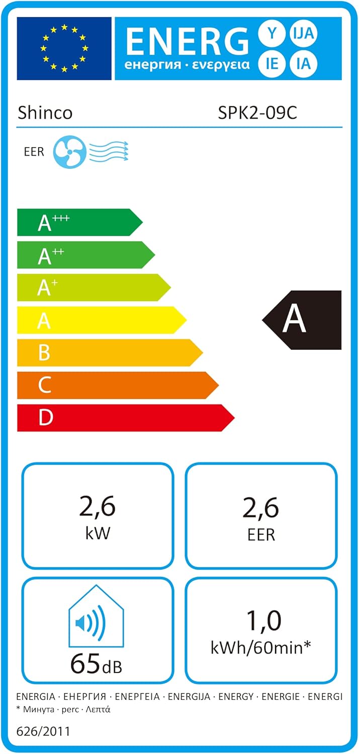 SHINCO Mobiele airconditioning met luchtafvoerslang, 9000 BTU, 2,6 kW, Koelen&Ventileren&Ontvochtigen, Mobiel airco-apparaat met slaapstand, Ruimte tot 22㎡, 24-uurs timer