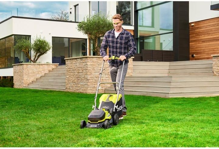 RYOBI 18 V ONE+ Accu-grasmaaier RLM18X33B40 (snijbreedte 33 cm, 5-voudige hoogteverstelling 25-65 mm, inklapbare duwbeugel, incl. mulchplug, 35l grasvangzak, 4,0Ah accu & lader)
