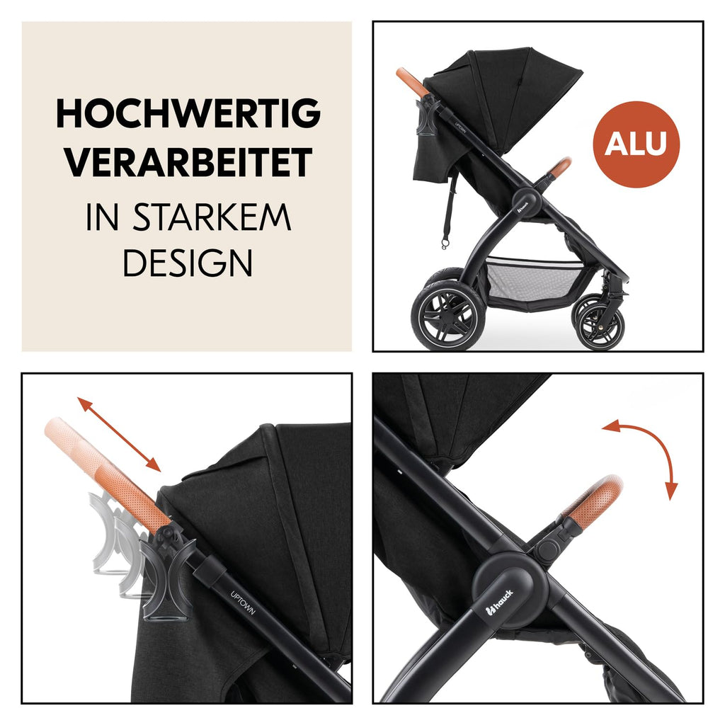 Hauck Uptown Kinderwagen Melange Rose – wandelwagen voor elk terrein, extra grote zitting, vlakke ligstand, rubberen wielen, vering, compact en eenvoudig inklapbaar, met regenhoes