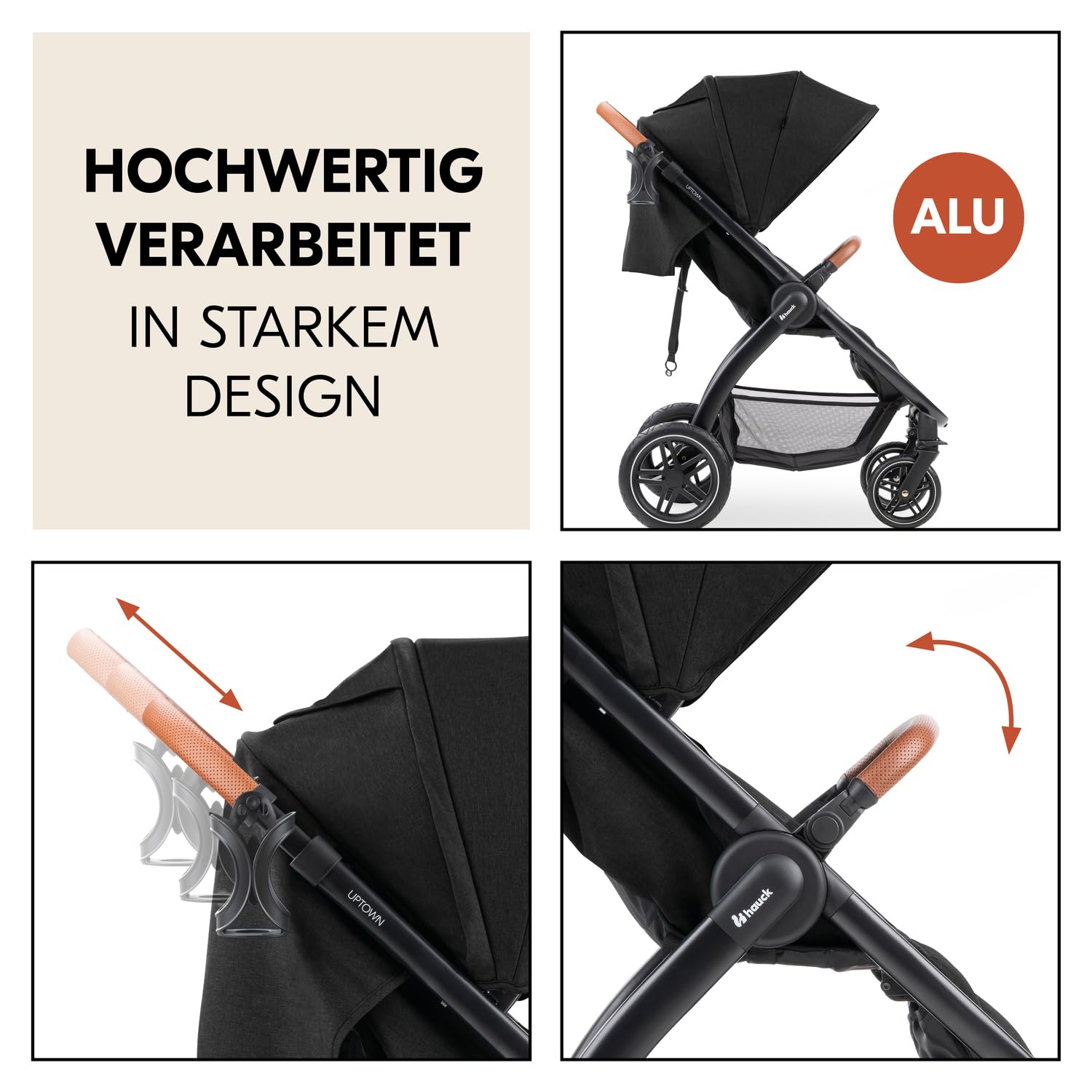 Hauck Uptown Kinderwagen Melange Rose – wandelwagen voor elk terrein, extra grote zitting, vlakke ligstand, rubberen wielen, vering, compact en eenvoudig inklapbaar, met regenhoes