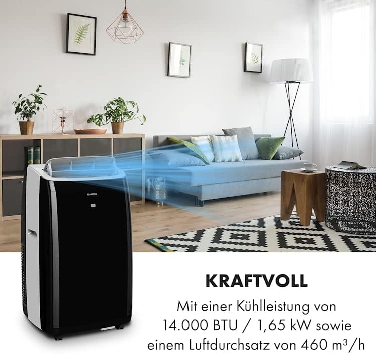 KLARSTEIN Grandbreeze Pro 14K – Mobiele airconditioner, luchtontvochtiger, ventilator, 3 snelheden, 14000 BTU/1,65 kW, ruimte: 42 tot 68 m², luchtstroom: 460 m³/u, CEE A – Wit airco
