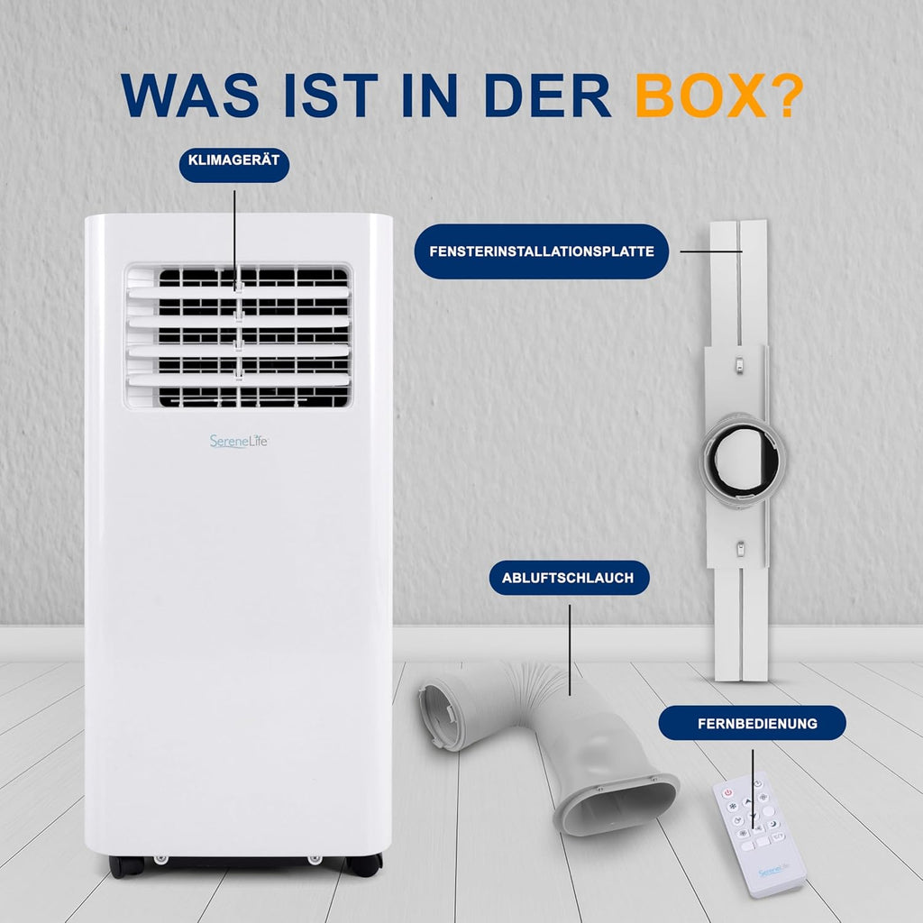SereneLife 3-in-1 Mobiele Airconditioner met Afvoerslang – Klimaatregelaar als Luchtkoeler, Ventilator & Luchtontvochtiger – Mini Airco voor Ruimtes tot 28 m2 – Luchtkoeler voor Thuis & Kantoor 10.000 BTU