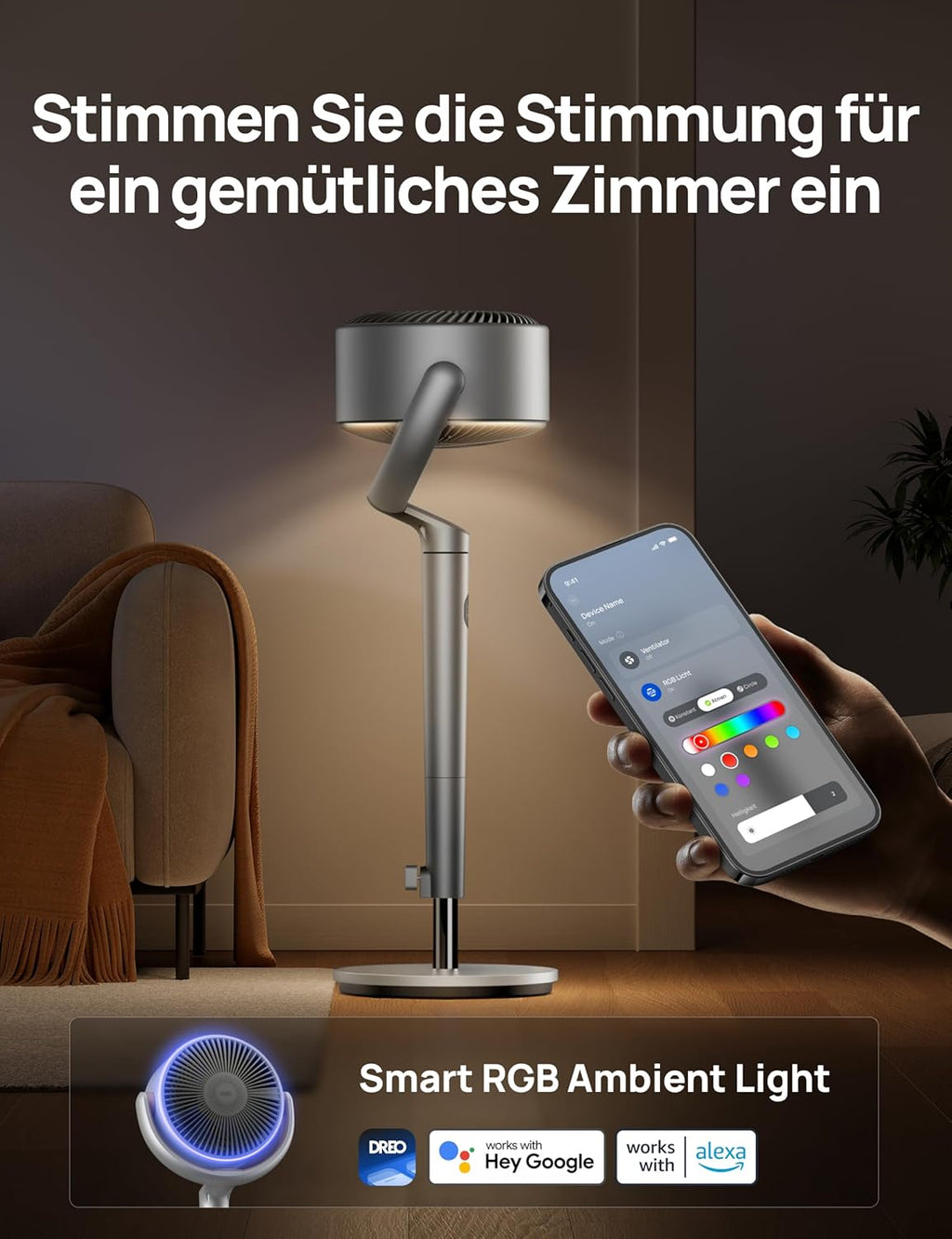 Dreo Slimme Staande Ventilator met RGB-licht, 120° +120° Oscillerende Ventilator met Afstandsbediening, 20dB Stille Vloerventilator voor Slaapkamer, 8H Timer, Zilver