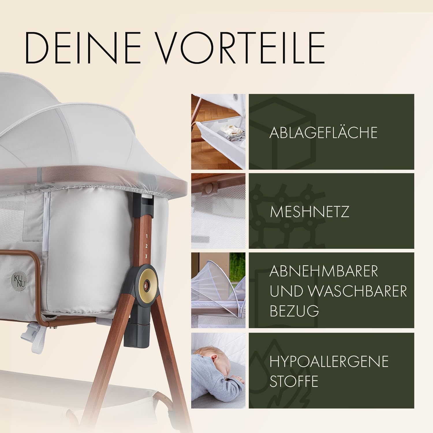 KUNU nieuw baby-co-sleeper - Van ouders voor ouders - Scandinavisch design - Verrijdbaar & schommelfunctie - In hoogte verstelbaar - Baby-geoptimaliseerd matras - incl. reistas