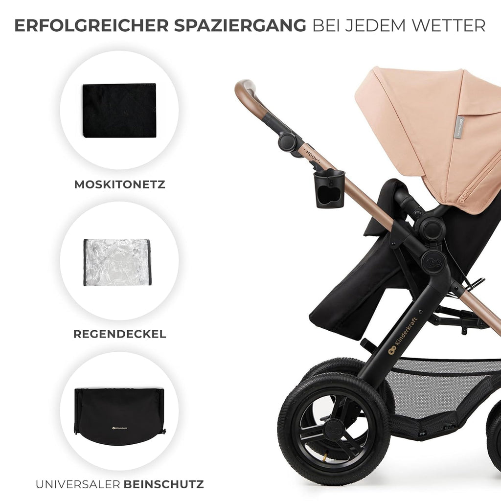 Kinderkraft MOOV2 AIR Kinderwagen 3 in 1 Kinderwagenset tot 26 kg met autostoel I-SIZE 40-75 cm, buggyfunctie, verstelbare ligstand, grote uitschuifbare kap, opblaasbare wielen, zwart