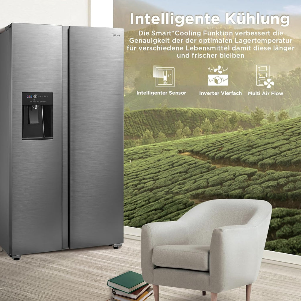 Midea KS-DDX 6.32 WT Amerikaanse koelkast/178,8 cm hoogte/254 kWh/jaar/No Frost/Dual Inverter Compressor/met 3-in-1 water-/ijsdispenser en watertank, Dark Inox
