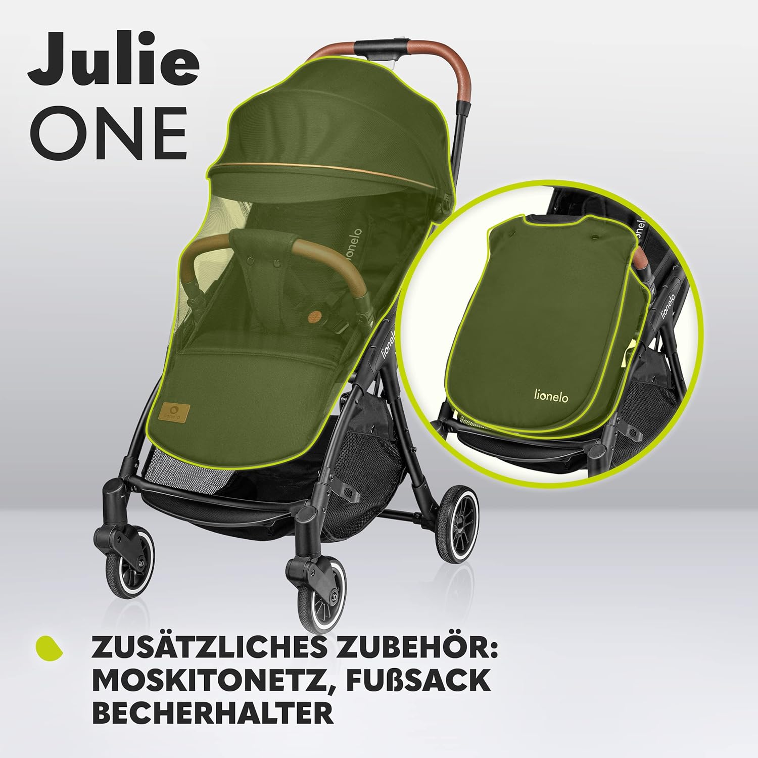 LIONELO Julie One Buggy kinderwagen tot 22 kg, verstelbare rugleuning en voetsteun, muskietennet, beenwarmers, bekerhouder en draagtas, inklapbaar