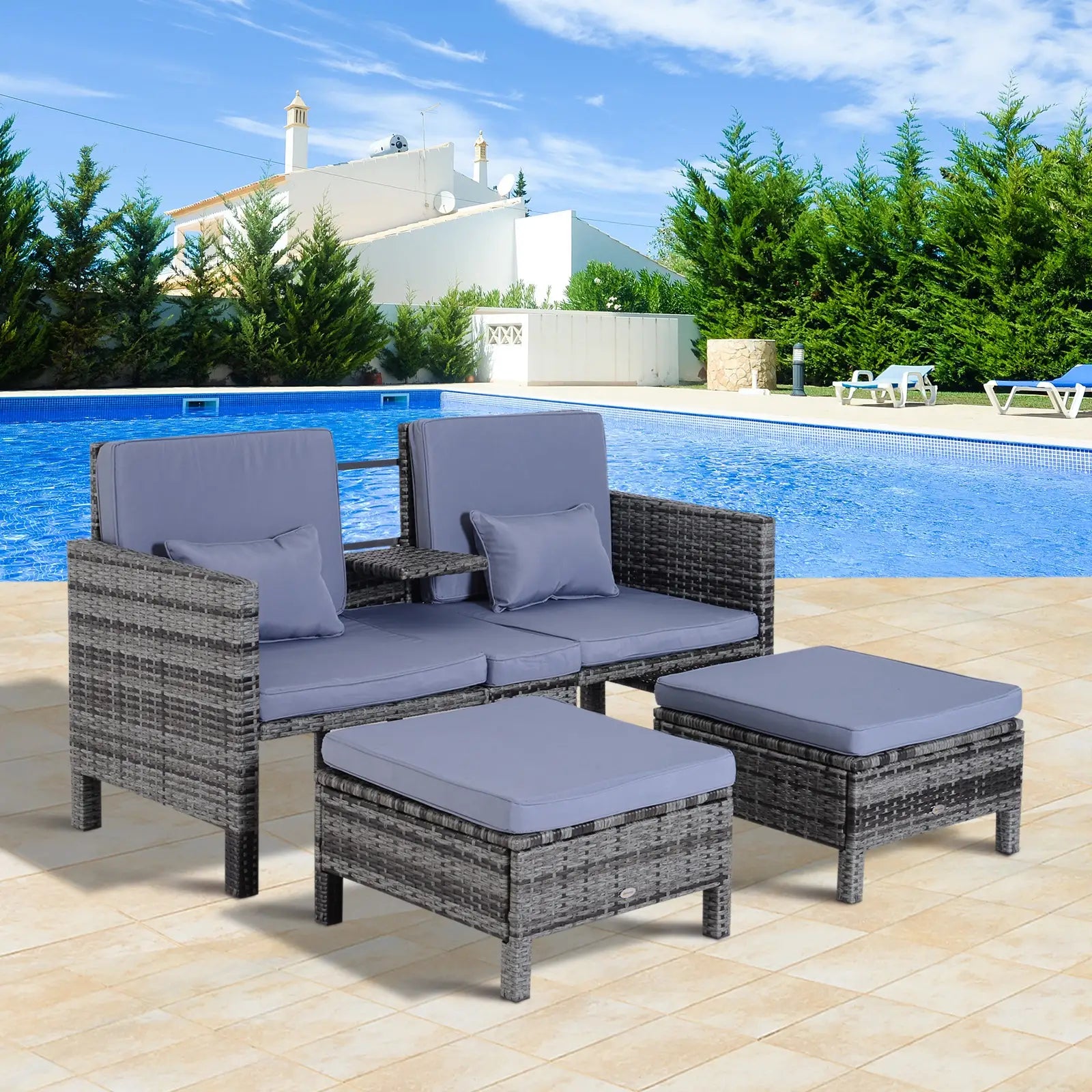 Outsunny Polyrattan Tuinbank Set 3-delig 2-in-1 Rugleuning Buiten