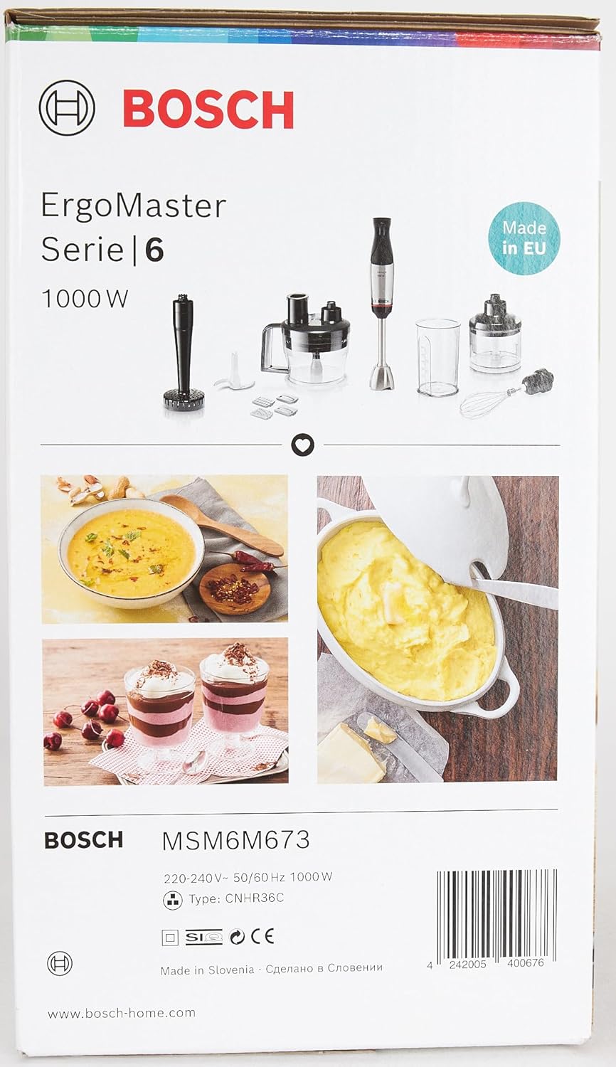 Bosch staafmixer ErgoMaster Serie 6 MSM6M673, 10 jaar motorgarantie, roestvrijstalen messen, slijtagevrije keramische koppeling, luchtkoeling, hakmolen, pureerstamper, garde, 1000 W
