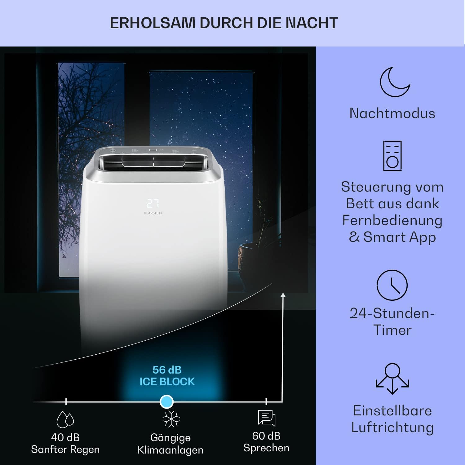 Klarstein Mobiele Airconditioning met Afvoerslang, 3-in-1 Airco met Ventilator, Luchtontvochtiger & Nachtmodus, Kleine & Draagbare Airco voor Thuis & Kantoor, 12000 BTU Laag Verbruik