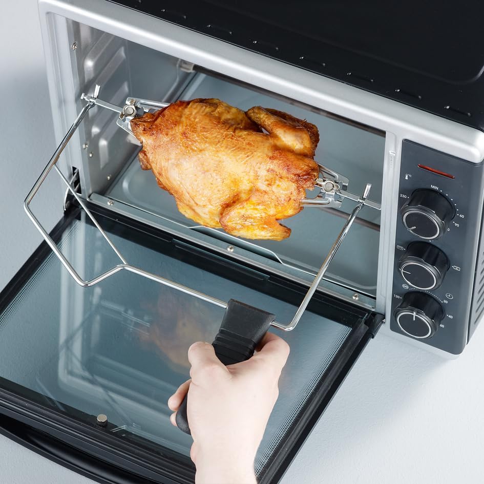 SEVERIN Bak- en Toastoven met heteluchtfunctie, Mini Oven met grillrooster, bakplaat, draaispies en pizzasteen, veelzijdige heteluchtoven met 42 L inhoud, 1.800 W, zwart, TO 2058