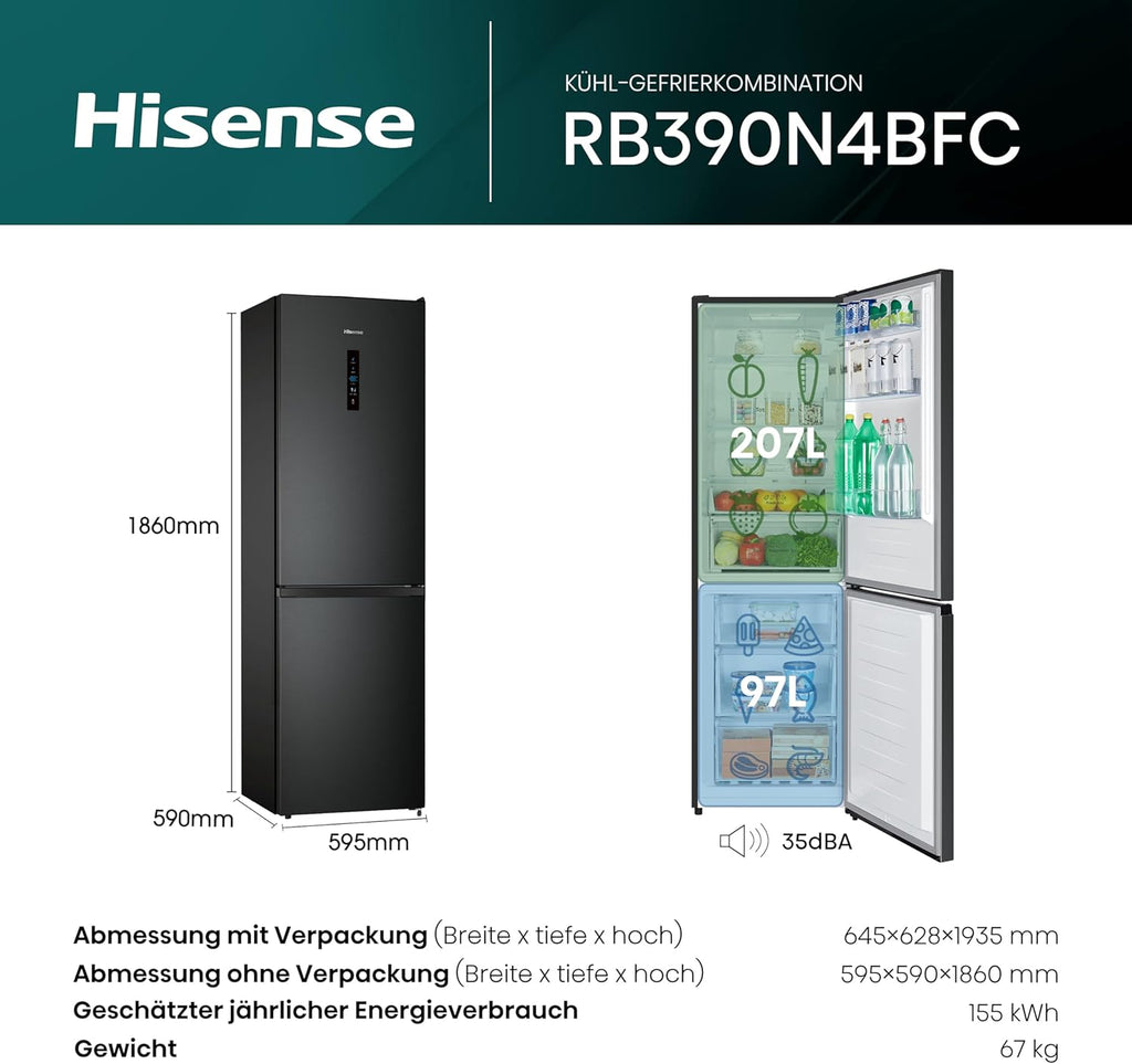 Hisense RB327N4AD2 koel-vriescombinatie/ NoFrostPlus/ Multiflow 360°/ HolidayMode/ FreshZone/ 182,4 cm/ koelgedeelte 171 l/ vriesgedeelte 85 l/ 41 dB/ 287 kWh/ jaar/ roestvrijstalen look